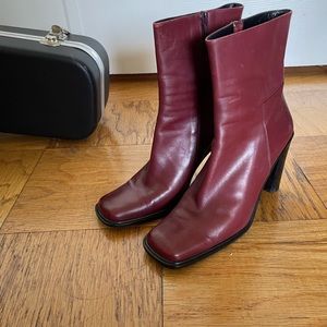 Via Spiga Wine Red Leather Square Toe Boots